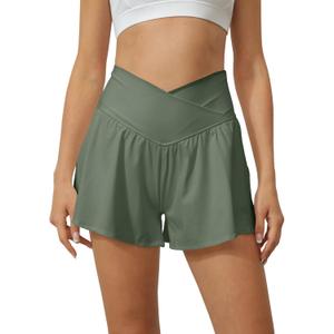 Tongmingyun Women Crossover Shorts Flowy Athletic Butterfly 2 in 1 Shorts with Pocket High Waist Running Workout Skorts (X-Small, Army Green)