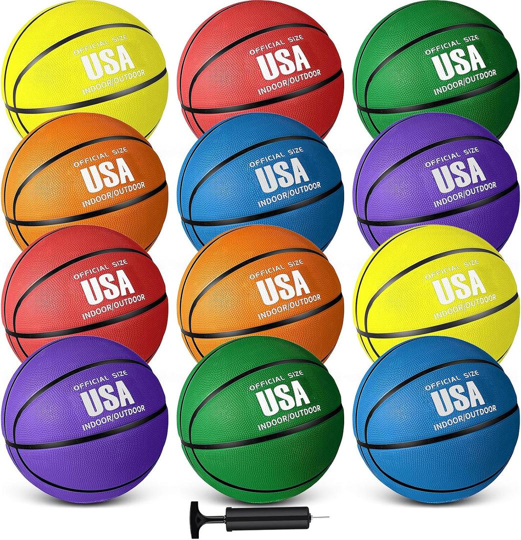 Libima 12 Pcs Rubber Basketball Official Size Bulk Streetball Multicolor Basket Ball with Pump Plain Basketball for Adult Youth Kid Indoor Outdoor Training Game Gift Back to School