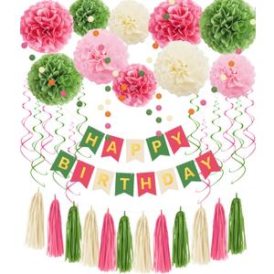 Pink and Green Birthday Decorations for Women Girls, Tissue Paper Pom Poms, Happy Birthday Banner, Paper Tassel, Circle Garland & Hanging Swirl Party Decoration