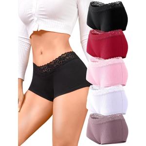 FINETOO Cotton Underwear for Women Boy Shorts Lace Boxer Briefs Soft Full Coverage Womens Panties 5 Pack S