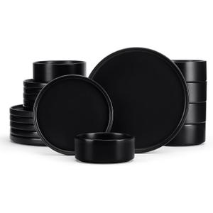 E-far Black Dinnerware Sets for 6, 18-Piece Stoneware Plates and Bowls Dish Set, Modern Kitchen Dinning Dishware, Chip and Scratch Resistant, Microwave & Dishwasher Safe, Matte Black