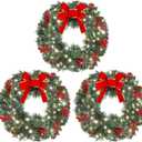 Glitinsel 3 Pack 16 Inch Christmas Wreath Decorations with Lights Battery Operated 50 LED Artificial Christmas Wreath for Front Door with Red Bow Pine Cones Berry for Outdoor Indoor Window Wall Decor