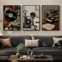 Framed African American Canvas Wall Art Set of 3, Modern Black Woman Record Music Artwork Prints, Black Girl Black Art Wall Decor for Living Room Bedroom Hallway or Music Room Decor, 16x24 Inch, 16"W x 24"H x 3Pcs
