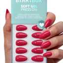 BTArtbox Press On Nails Almond - Raspberry Red Short Press On Nails with Glue for Women, Opaque Soft Gel Glue On Nails in 16 Sizes - 32 Stick On Nails Kit, Berry Blod