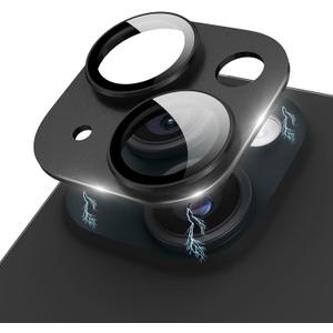 Compatible for iPhone 15 Plus/iPhone 15 Camera Lens Protector Metal Plus Aluminium Alloy Ring 9H Tempered Glass Screen Camera Cover Black
