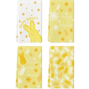 Artoid Mode Yellow Rabbit Flowers Bless Our Home Happy Easter Spring Kitchen Towels Dish Towels, 18x26 Inch Farmhouse Summer Decoration Cleaning Set of 4