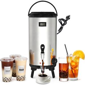 Commercial Electric Beverage Dispenser 2 Gallon with Foldable Stand, Silver | 86-230°F Adjustable Heat With Real-Time Display. Three-Layer Insulation and Stainless Steel Faucet