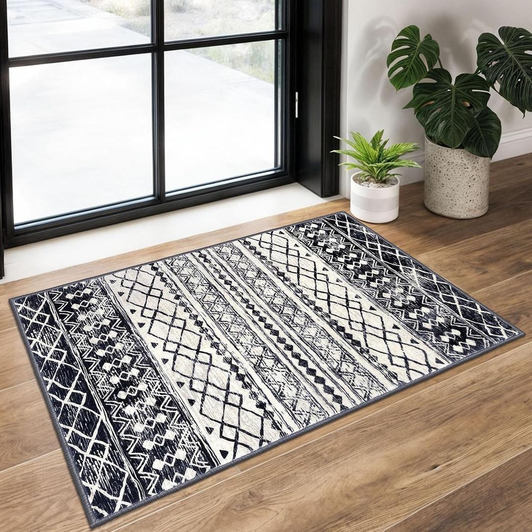 KUTA Moroccan Area Rugs 2x3, Black Navy Blue Entryway Rug Non-Slip Washable Small Indoor Door Mat, Ultra Soft Print Vintage Geometric Low-Pile Floor Carpet for Entrance, Kitchen