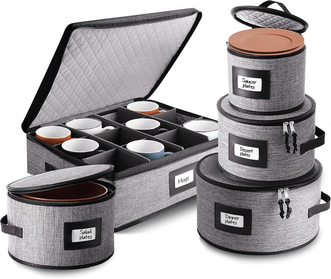 Fine China Hard Shell Dish Organizer - 5 Piece Stackable Mug and Plate Storage Containers with Dividers for Moving and Seasonal Storage
