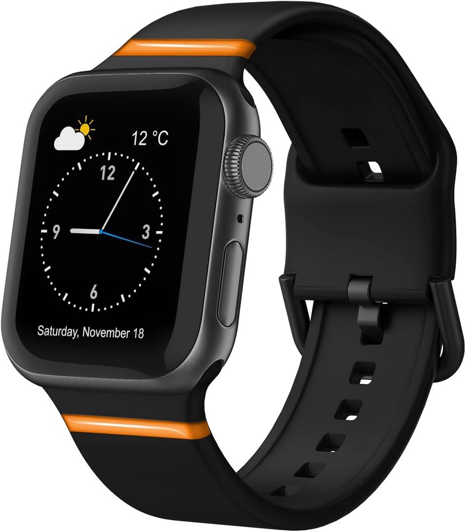 Sport Band Compatible with Apple Watch Bands 49mm 46mm 45mm 44mm 42mm 41mm 40mm 38mm, Soft Silicone Replacement Strap with Classic Clasp for iWatch Series 42mm (Series 3)/44mm/45mm/46mm/49mm SE Ultra Women Men (Black with Orange)