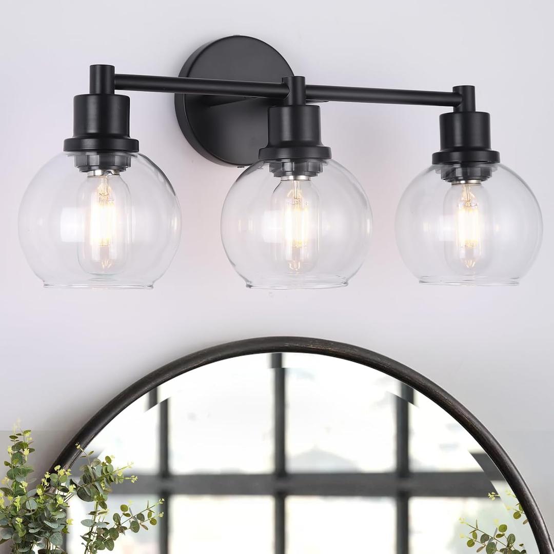 3 Light Black Bathroom Light Fixtures with Clear Globe Glass Shade, Matted Black Wall Sconce Over Mirror for Kitchen, Living Room