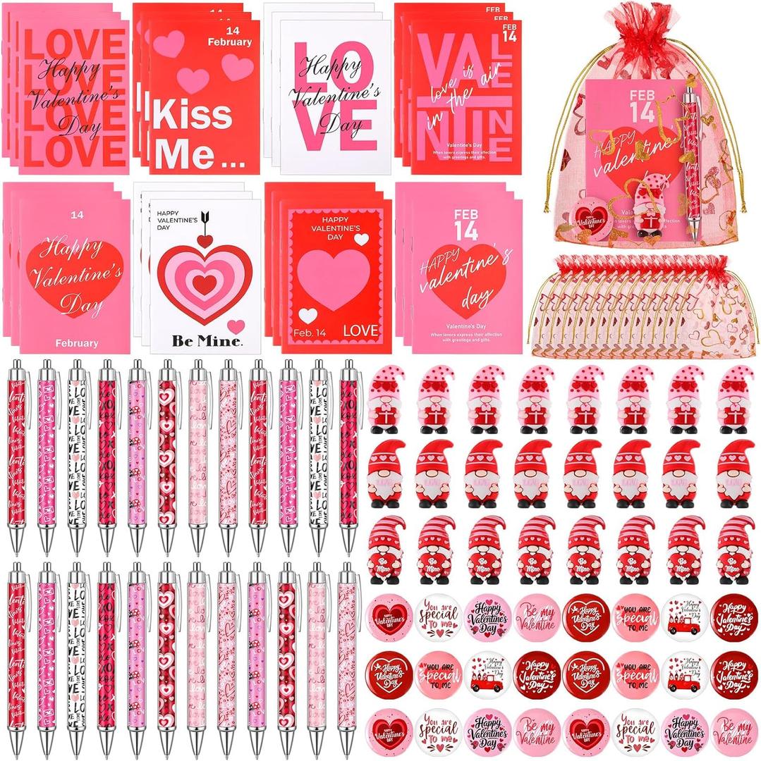 24 Sets Valentine's Day Gift Bulk Heart Ballpoint Pens Gnomes Figurines Brooch Pins Notebooks with Organza Bags, Retractable Black Ink Pens Red Pink Gift for Valentine's Day Party Favors Office