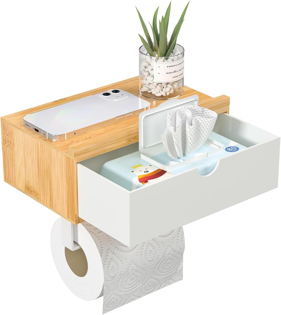 Domax Toilet Paper Holder with Shelf,Wall Mount/Adhesive Bathroom Toilet Paper Holder,Bamboo Wood Tissue Toilet Roll Holder with Storage Drawer for Organizer Wipes,Fits Any Room, Bamboo+White, Large