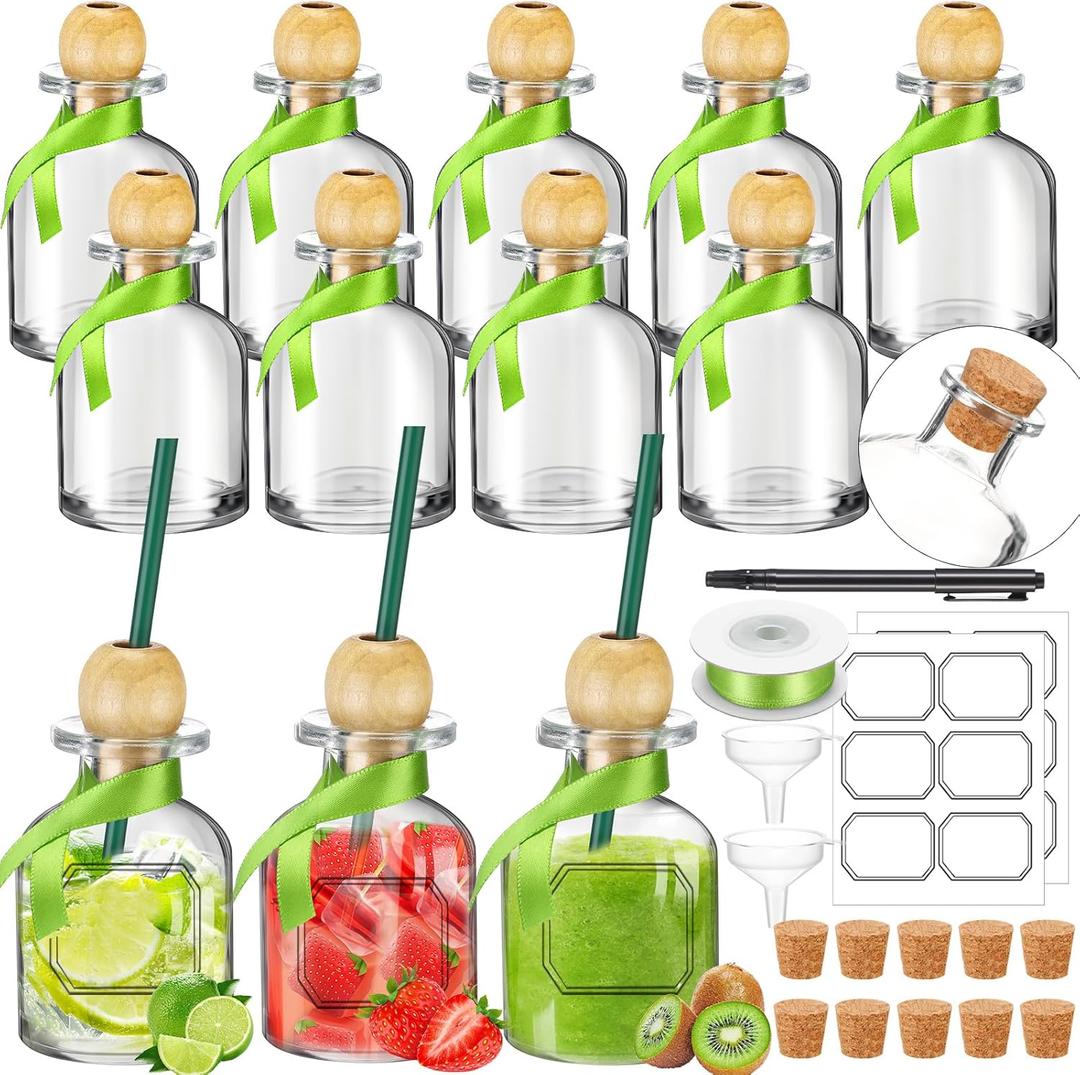 Hushee 12 Pcs 100 ml /3.3 oz Empty Patron Bottles with Straw Mini Tequila Bottles for Drinks Reusable Shot Glass Cups with Green Ribbon for Wedding Party Favor Personalized Decoration