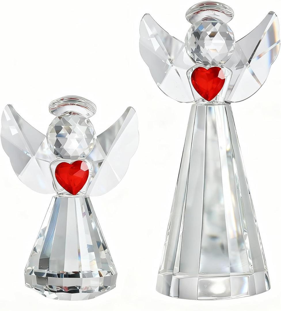 HDCRYSTALGIFTS Set 2 Crystal Angel Figurine Gifts for Women, Glass Chrismas Guardian Angels Ornaments Statues Holding a Heart Home Table Decoration Collectible (Clear,4.5''and 3'')