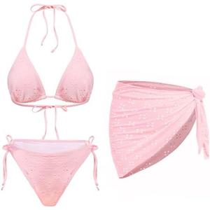 Women 3 Piece Swimsuits - Halter Triangle Bikini Sets with Cover Up Sexy String Tie Side Bathing Suits, L