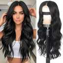 Long Black Wigs for Women, Black Curly Wavy Wig, 26 Inch Natural Looking Women's Charming Synthetic Middle Part Heat Resistant Fiber Wig for Daily Party Use