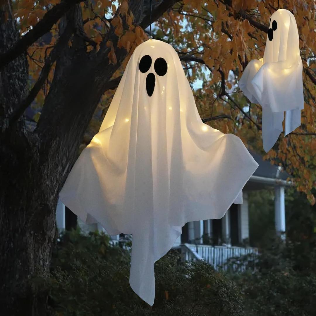 Halloween Hanging Ghost Lights Decorations, Warm White LED, Swinging Ghost Home Decor, 3 Modes Adjustable, Party Garden Yard Scary Cute Spooky Gifts (White 2Pack)