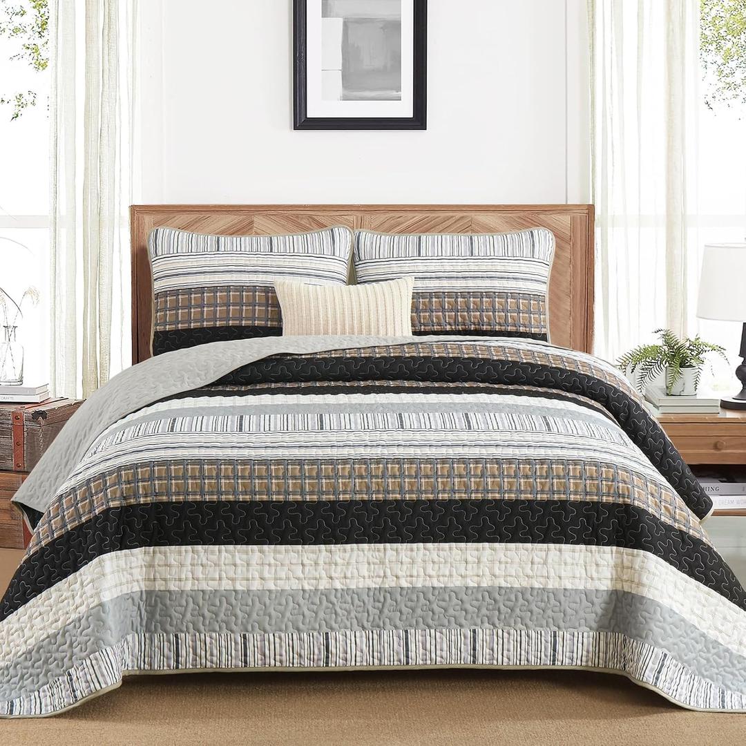 DJY Striped Quilt Set Queen Size, Brown Boho Bedspread Set 3 Pieces Patchwork Coverlet Bedding Set Lightweight Soft Microfiber for All Season (96"x90")