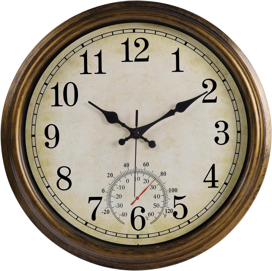 16 Inch Large Outdoor Clock, Waterproof Wall Clock with Thermometer, Battery Operated Silent Non-Ticking Vintage Wall Clock Quartz Round Clock Home Decor,Brown