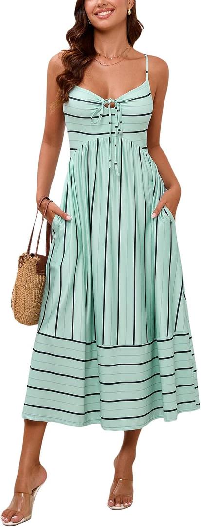 Fashionme Womens Summer Maxi Dresses 2026 Trendy Striped Vacation Boho Beach Spaghetti Strap Sundress Back Tie with Pockets, Medium