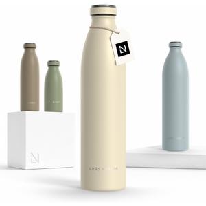 LARS NYSM Stainless Steel Insulated Water Bottle 12oz 17oz 25oz 34oz 51oz | Insulated Thermo Flask for Hot and Cold Beverages | Leakproof Drinking Bottle (Almond Beige, 33.9oz)