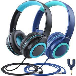 iClever 2Pack Kids Headphones with Sharing Splitter - 85dBA Safe Volume Limited - HS22 Wired Headphones for Kids Teens, Tangle-Free 3.5mm Jack Foldable Stereo Headphone for School/Tablet/Travel (Navy Blue & Black)