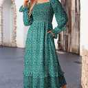 Dokotoo Boho Dresses for Women 2025 Casual Floral Square Neck Long Sleeve Smocked Elastic Waist Tiered Ruffle Hem Maxi Dress (Green)