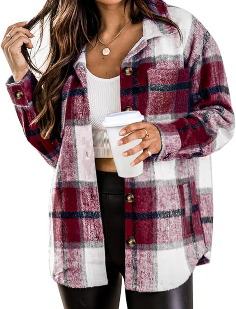 Blansdi Womens Flannel Shacket Plaid Button Down Long Sleeve Shirts Jacket Coats Fall Outfits Fashion Clothes 2025 (Small, Wine)