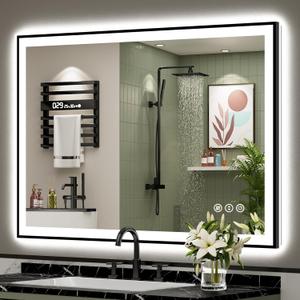 48x36 Inch Black Framed LED Bathroom Mirror with Lights, Backlit & Front Lit, Anti-Fog Lighted Vanity Mirrors for Bathroom Wall, Dimmable, 3-Color Light, Memory, Shatter-Proof, Tempered Glass