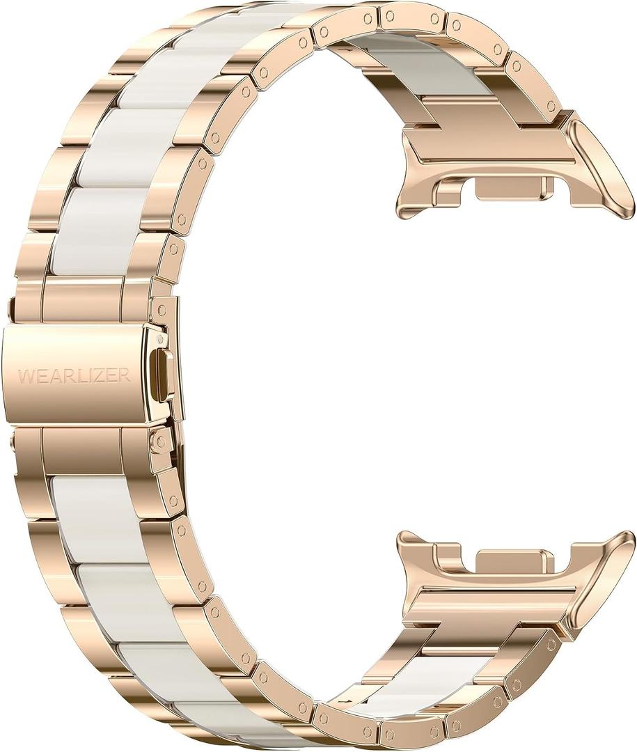 Wearlizer Stainless Steel Bands Compatible with Samsung Galaxy Watch 8 Band 40mm 44mm/Watch 8 Classic 46mm for Women Men, No Gap One-Click Dressy Metal Fashion Rose Gold Bracelet with Resin Inlay