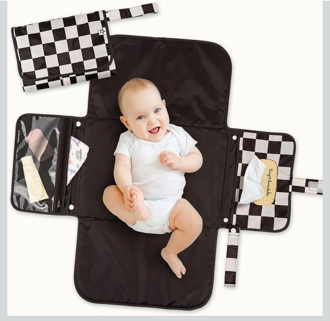 Tiny Twinkle Portable Diaper Changing Pad | Waterproof, Wipeable & Compact Baby Changing Pad for Travel | Smart Wipes Pocket & Organized Storage| Newborn Shower Gift (Black Checkers)