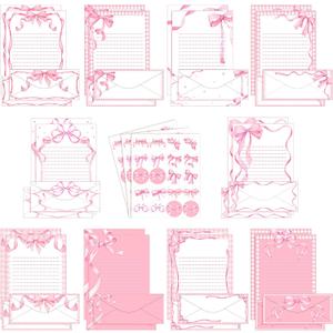 TaoBary 160 Pcs Stationery Paper Set 50 Double Sided Stationery Papers with 50 Matching Envelopes and 60 Round Dot Sticker, 10 Design(Pink Bow,8.5 x 11 Inch)