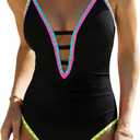 popvil Women One Piece Swimsuit Tummy Control Deep V Neck Neon Cute Bathing Suit Back Tie Swim Suits 2025 Summer, Small