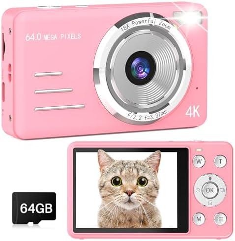Digital Camera, 4K 64MP UHD 18X Autofocus Digital Zoom with 64GB Micro SD Card 2.8 Inch IPS Screen, Portable Compact Point and Shoot Vlogging Camera for Photography Teens Beginner Adult, Pink