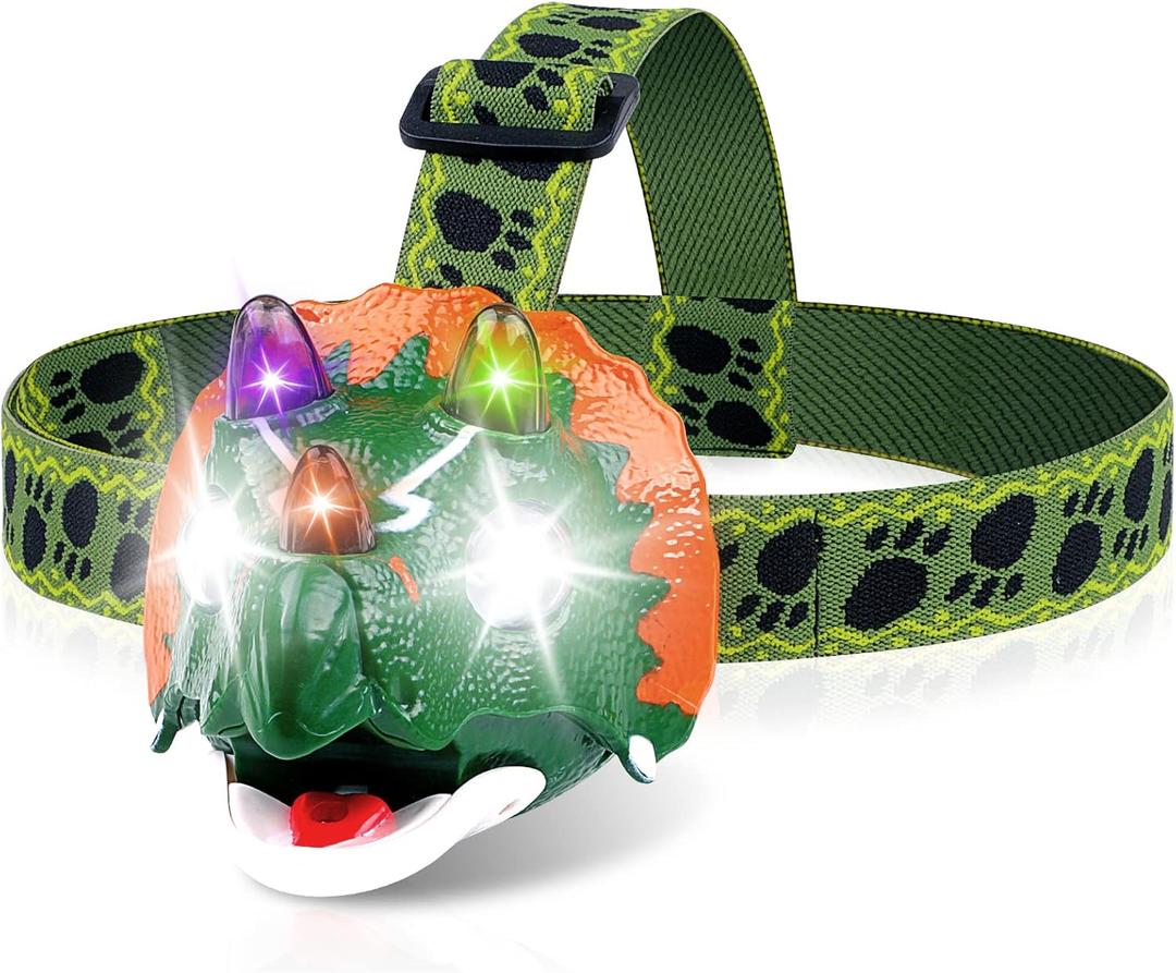 Triceratops LED Headlamp - Dinosaur Headlamp for Kids Camping Gear Essentials | Dinosaur Toy Head Lamp Flashlight for Boys Girls or Adults | Ideal Gift for Birthday, Halloween, Christmas, New Year (Green)