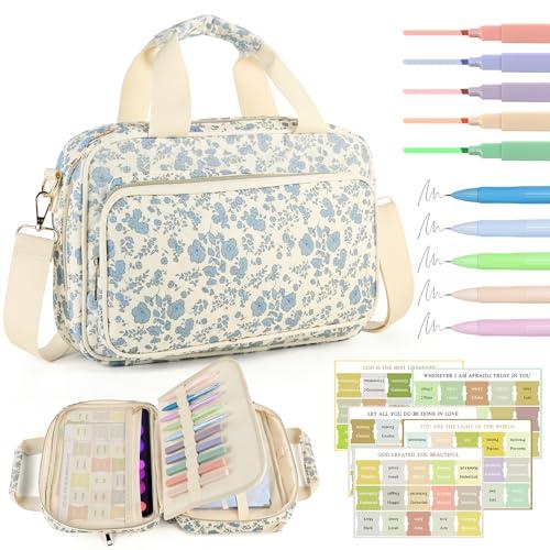 Bible Cover Case for Women, Large Quilted Bible Bag with Bible Study Supplies 5*Sticker & 5*Highlighter & 5*Pen, Stylish Church Bag Journaling Kit, Mothers Day Christian Gifts (Blue Floral)