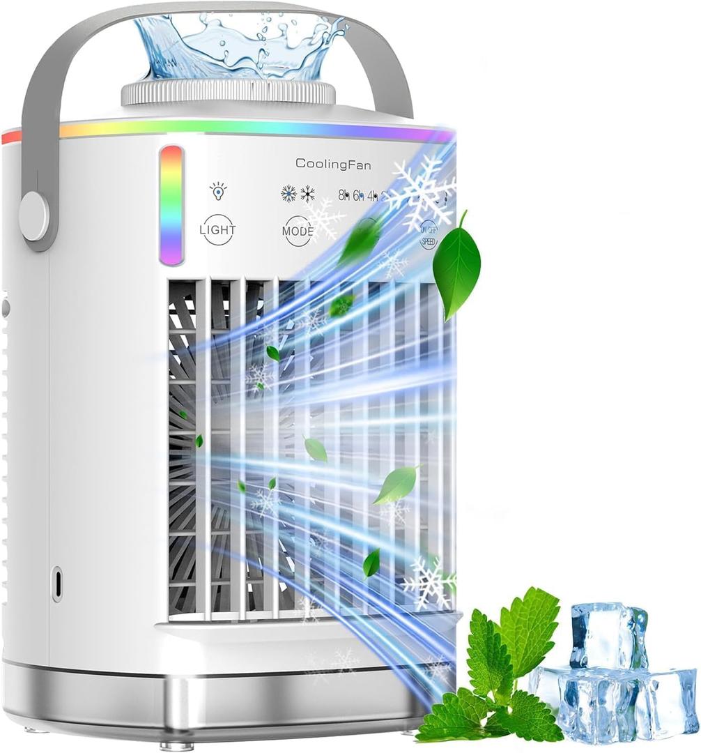 Portable Air Conditioners, Mini Air Conditioner with Remote Large Water Tank, Spray Ports,3 Wind Speeds,3 Timers Auto-Off, Colorful Lights,Portable Ac Units for Room Camping Car Office (White)