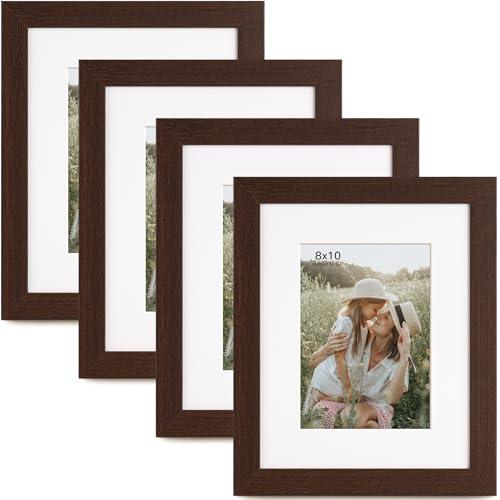 Momentworth 8x10 Picture Frame with Mat for 5x7 Set of 4, Walnut Wood Grain 8 x 10 Dark Brown Gallery Wall Picture Frames for Tabletop or Wall Mounting(4 Pack, Walnut)