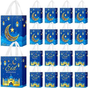 Locmeo 24 Pcs Eid Mubarak Reusable Gift Bags with Handles Non Woven Al Fitr Muslim Treat Bags Multifunctional Ramadan Mubarak Gift Bag for Party Supplies Gifts Wrapping(Royal Blue)