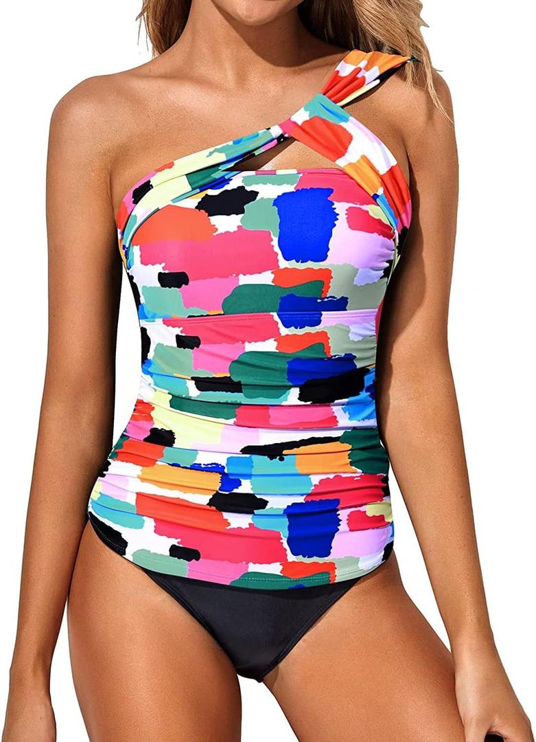 Tempt Me Two Piece Tankini Bathing Suits for Women One Shoulder Swim Top with Bottom Swimsuits (X-Small, Color Block)