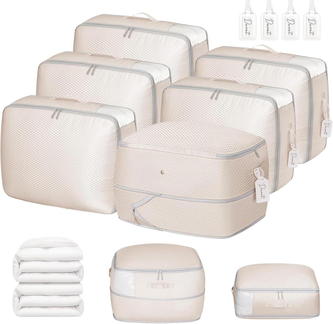 DIMJ Comforter Storage Bag 6 Pack - Blanket Storage Organizer Compression Bags, Large Capacity Ultra Space Saving Self Compression Organize for Bedding, Pillow, Duvet, Sheet Storage with Zipper Window (Beige)