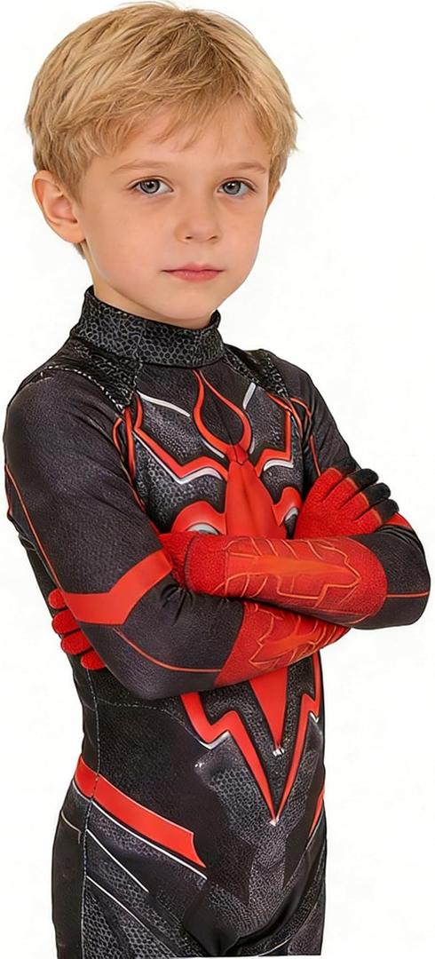 Kids Superhero Cosplay Bodysuit Halloween Spandex Costume, Black/Red, XS