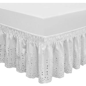Wrap Around Elastic Eyelet Bed Skirts 14 1/2 Inches Drop Dust Ruffle Three Fabric Sides Easy On/Easy Off Adjustable Polyester Cotton(White Queen/King)