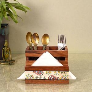 Three Compartment Warli Life Crafted Wooden Utensil Holder, Cutlery Holder, Spoon Holder, Knife, Fork, Chopstick Caddy Organizer With Handle Multipurpose Utensil Holder for Kitchen Counter