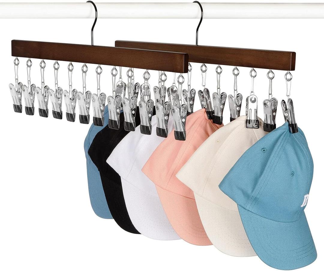 TOPIA HANGER Hat Organizer, Wooden Hangers with 12 Metal Clips and Black Hook, 2 Packs Hold Up to 24 Baseball Caps, Hangers Space Saving, Closet Organizer for Leggings, Skirts, Tank Tops, Ties-CT39A