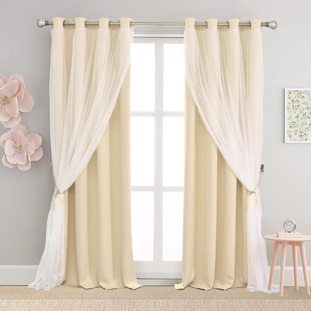 Beige Blackout Curtains with Sheer 54 Inches - Double Layered Short Blackout Curtains with Voile Sheer Drapes for Kids/Girls Bedroom Nursery Living Room, Biscotti Beige, 2 PCs