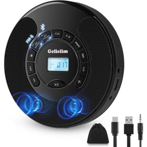 Gelielim Portable CD Player, CD Player for Car with Bluetooth and FM Transmitter, CD Music Player with Dual Stereo Speakers, Anti-Skip Protection, AUX/USB Port, 2000mAh Rechargeable Battery (Shiny Black)