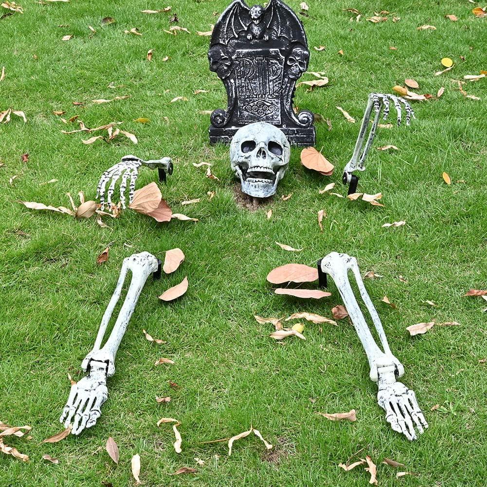 UMEELR 5 Set Skeleton Bones and Skull Halloween Decoration, Realistic Graveyard Groundbreaker Include Skeleton Stakes Skull and Arms Legs, Outdoor Yard Lawn Graveyard Ground Decor Party Supplies