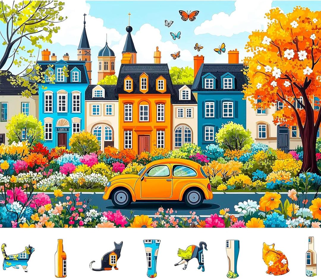 Colorful City Street Jigsaw Puzzles for Adults 500 Pieces Spring Vintage Car and Flower Garden Scene Puzzle Family Challenging Funny Puzzle Perfect for Game Nights(21"x15")